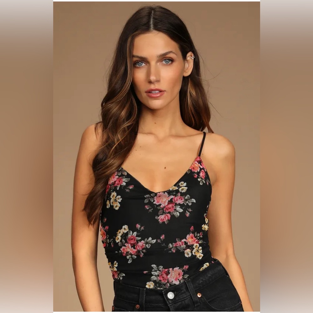 Lulu’s Thriving in Harmony Black Floral Print Ruched Mesh Bodysuit
